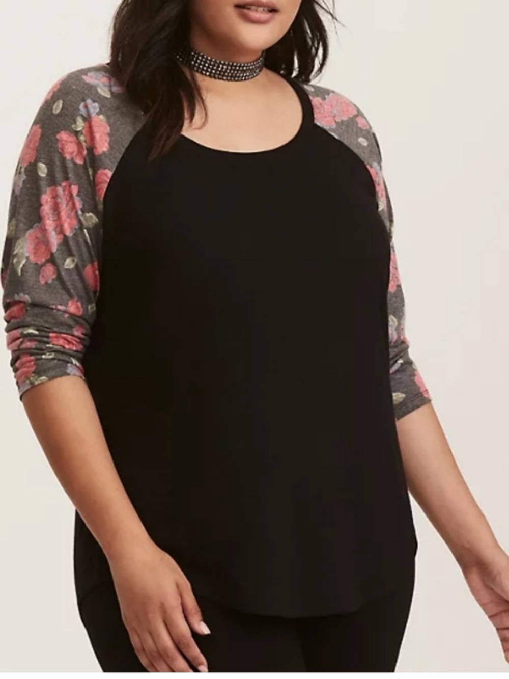 Torrid Black Raglan Sleeve Top with Pink Floral Sleeves